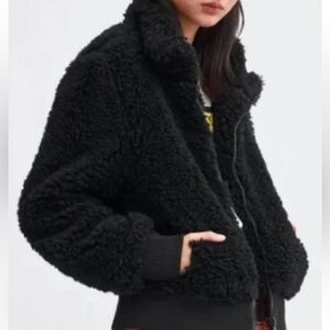 Zara Trf Black Teddy Fleece Bomber Jacket Coat